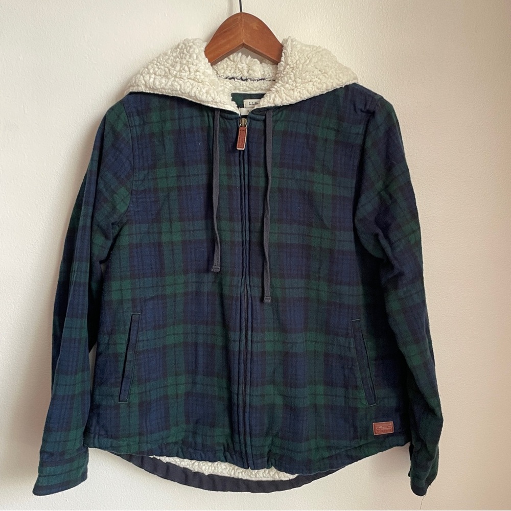 L.L. Bean Plaid Sherpa-Lined Zip Up Jacket XS Hooded Flannel Granola Cabin Gorp